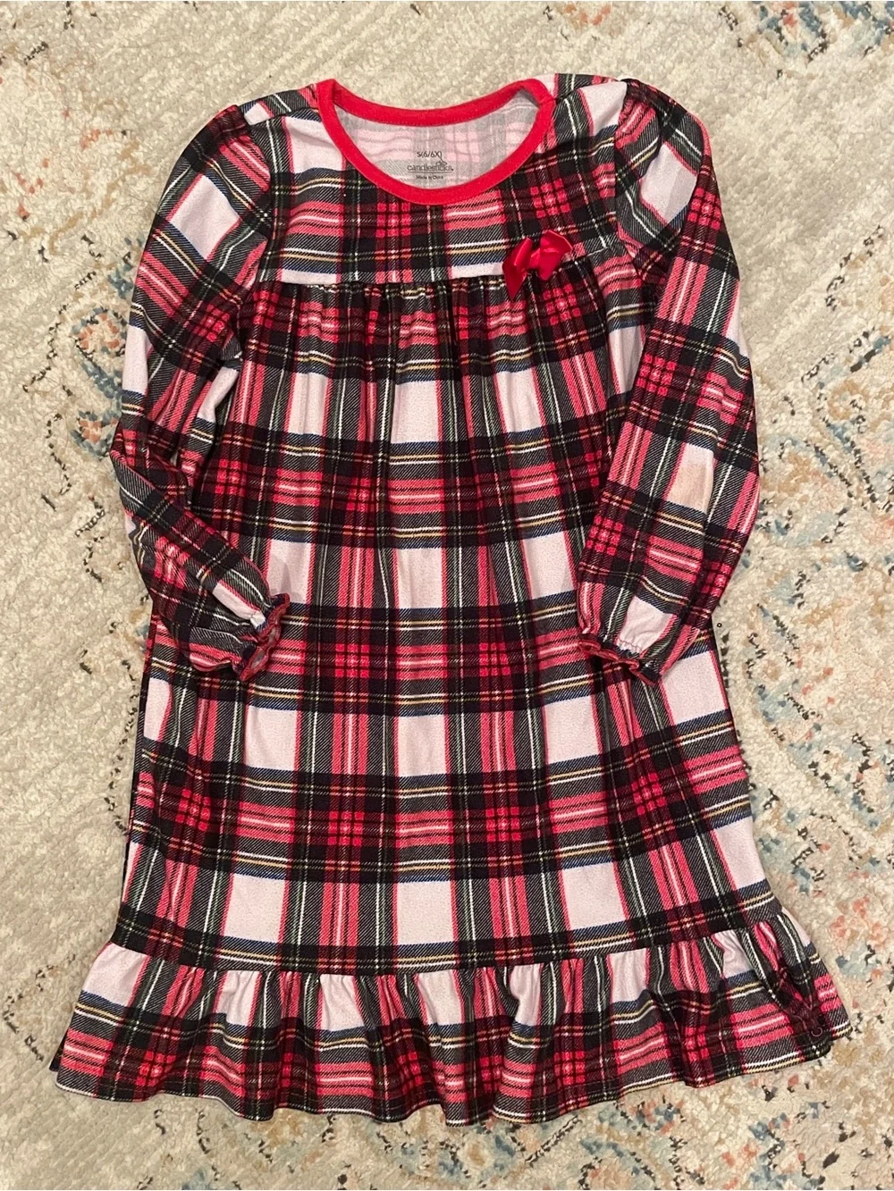Girls Red Plaid Long-Sleeve Nightgown with Ruffle Hem 6/6x